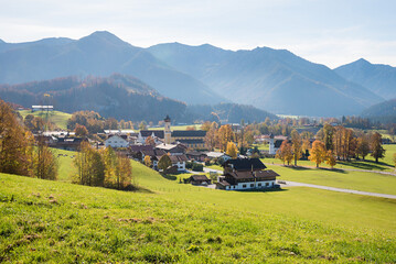 Wall Mural - rural village and spa town Fischbachau, upper bavarian landscape in autumn