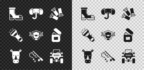 Poster - Set Hunter boots, Elephant, Cartridges, Rhinoceros, Fishing rod, Off road car, Flashlight and Deer antlers on shield icon. Vector