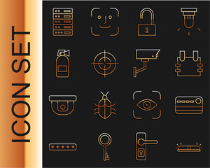 Wall Mural - Set line Flasher siren, Credit card, Bulletproof vest, Open padlock, Target sport, Fire extinguisher, Server, Data, Web Hosting and Security camera icon. Vector