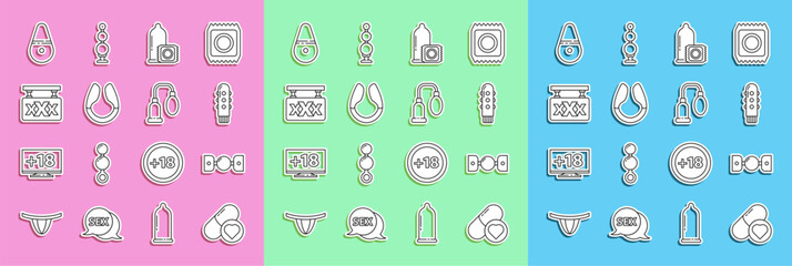 Wall Mural - Set line Pills for potency, aphrodisiac, Silicone ball gag with belt, Dildo vibrator, Condom, Sex shop, and Penis pump icon. Vector