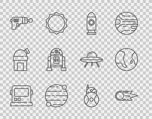 Wall Mural - set line astronaut helmet, comet falling down fast, rocket ship, planet, ray gun, robot, and earth g