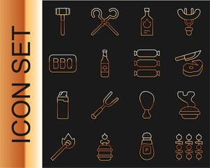 Wall Mural - Set line Grilled shish kebab, Homemade pie, Steak meat and knife, Tabasco sauce, Beer bottle, Barbecue, Kitchen hammer and Sausage icon. Vector