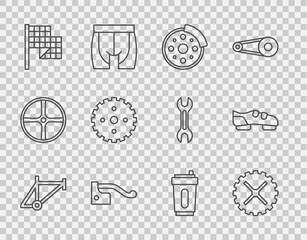 Canvas Print - Set line Bicycle frame, sprocket crank, brake disc, Checkered flag, Sport bottle with water and shoes icon. Vector