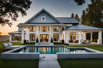 Beautiful modern farmhouse style luxury home exterior at twilight. Generative AI