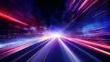 Fototapeta  - high speed technology concept background, light abstract background. Image of speed motion on the road. Abstract background in blue and purple neon glow colors