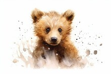 Bear, Various Types Of Baby Animals In Watercolor Technique. Baby Animal, Watercolor Bear. High Quality Photo. Generated By AI