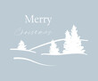 Simple line art Merry Christmas greeting card, nature landscape with pine trees. Hand drawn vector, winter season holiday banner, simple sketch drawing.