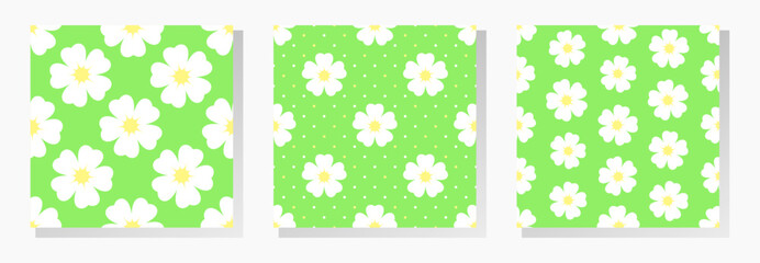 Wall Mural - White flowers on green background. Floral vector seamless patterns collection. Best for textile, wallpapers, wrapping paper, package and home decoration.