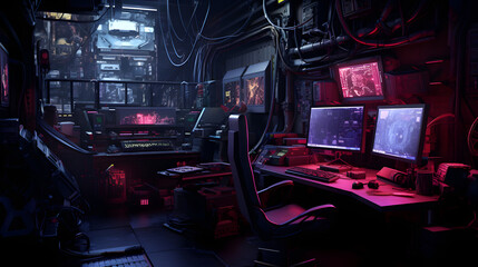 Messy and dark hi-tech cyberpunk hacker hideout room. Neural network generated image. Not based on any actual person or scene.