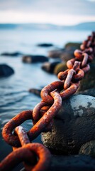 Poster - A rusty chain is attached to a rock by the water, AI