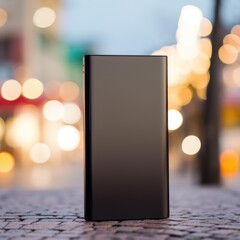 Canvas Print - A black smartphone sitting on the ground in front of a city, AI