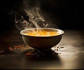 Sticker - A bowl of soup with steam coming out of it, AI