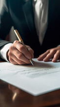 Close-up View On Desk Office, Businessman Signing A Contract Of Investment Or Insurance, Legal Agreement On The Table