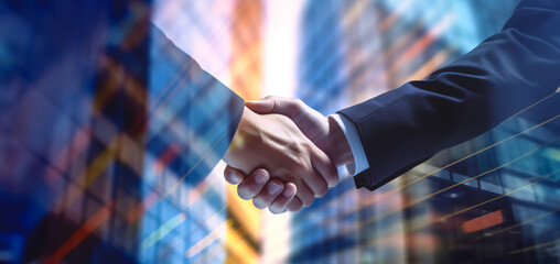 Business agreement concept with two businessmen making handshake in front of corporate building