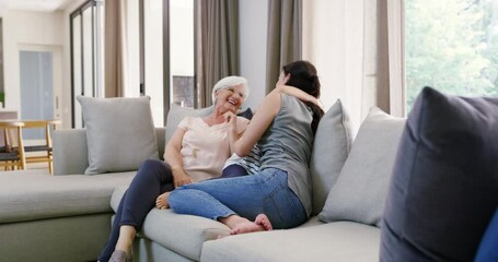 Sticker - Grandma, hug or mom with kid in home for care, safety or bond together to relax on sofa as a family. Smile, grandmother or happy woman with girl or child for support, trust or comfort in retirement