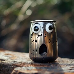 A metal can with eyes on it, AI