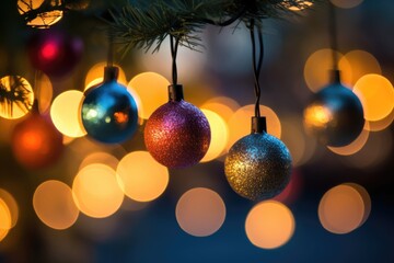 closeup view of a decoration balls hanging on a branch of a Christmas tree, xmas spirit on winter holidays