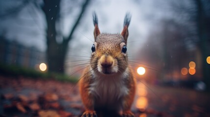 A squirrel is standing on a street in the rain, AI