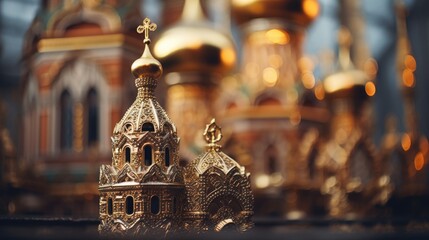 Poster - Golden domes and golden spires in front of a church, AI