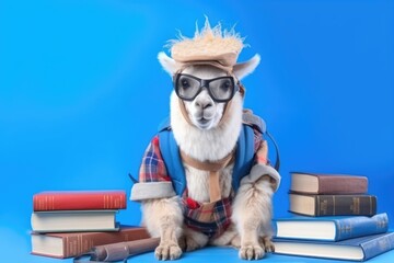 education poster with baby llama pupil in glasses with bagpack on blue background