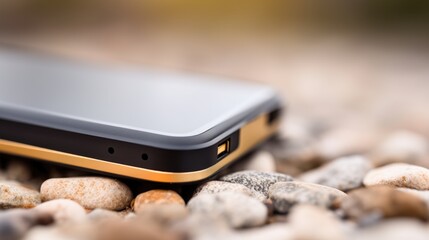 Canvas Print - A black and gold portable device laying on a rock, AI