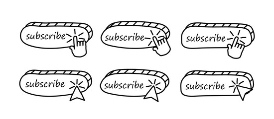 Subscribe button sign. Pressing the button with a finger, forefinger. Set of buttons for website, presentation, advertising, application in cartoon style. Isolated on white background