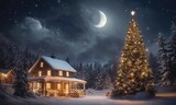 Fototapeta Dziecięca - A cozy winter landscape with bright houses in the snow. Glowing Christmas tree and fireworks