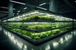 Hydroponic green salad farm in an exhibition space with LED lit greenhouse