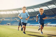 Friends running on the green grass at the stadium. Little children run and train at the stadium on a sunny day. Generative AI 