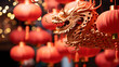 canvas print picture - Statue of a dragon and Chinese lanterns. Celebration of the Chinese New Year, year of the Dragon.