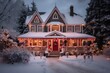 Classic house with Christmas decorative lights on the front door and porch with xmas tree, garlands, snow in American suburbs
