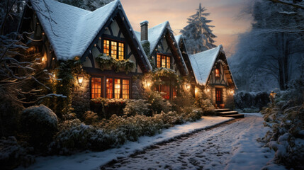 Poster - Pretty cozy houses in the evening in winter with a snow-covered street