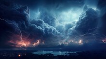 Night Fantasy Dramatic Seascape, Thunderstorm And Lightning On The Night Sea. Generation AI