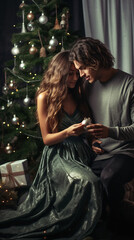 Wall Mural - a happy couple standing in front of a christmas tree