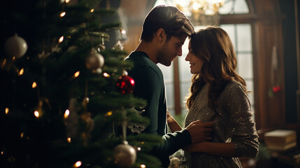 Wall Mural - a happy couple standing in front of a christmas tree