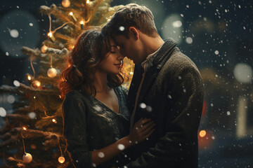 Wall Mural - a happy couple standing in front of a christmas tree