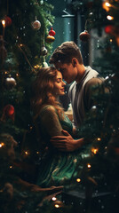 Wall Mural - a happy couple standing in front of a christmas tree