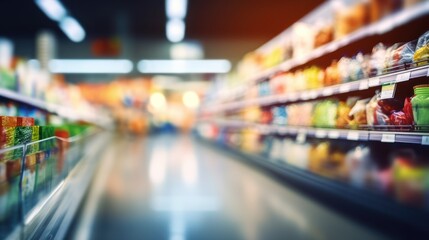 Blurred supermarket interior with sparkling bokeh lights.