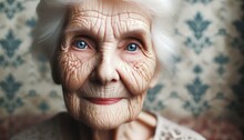 Image Of An Elderly Woman With Distinct Wrinkles And Captivating Blue Eyes.