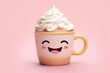 Kawaii cup of hot cocoa with a whipped cream smile, white background. AI generated