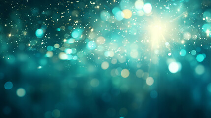 Teal glitter glow particle bokeh background. Festive celebration wallpaper concept