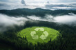 Recycle reduce reuse icon printed on meadow that surrounded by tree and forest, sustainable environmental concept, generative Ai.
