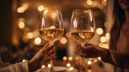 Canvas Print - people holding champagne glasses at a christmas dining table