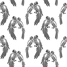 Seamless Pattern, Stylized Tropical Birds Parrots On A White Background. Black And White Print, Background, Textile. Vector