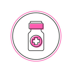 Wall Mural - Filled outline Medicine bottle and pills icon isolated on white background. Bottle pill sign. Pharmacy design. Vector