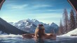 Beautiful girl in a jacuzzi in nature in the mountains. Generation AI