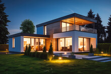 Modern House With Garden At Night. Green Garden On Left. Modern Open Space Architecture Of House And Front Lawn.