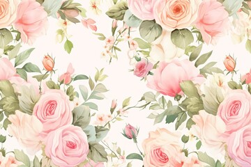  Watercolor Beauty Pink Rose Pattern Background. Wedding Backdrop. Valentine's Day Banner. Illustration