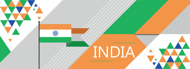 Wall Mural - India national or independence day banner design for country celebration. Flag of India with modern retro design and abstract geometric icons. Vector illustration.	