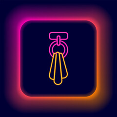 Sticker - Glowing neon line Towel on a hanger icon isolated on black background. Bathroom towel icon. Colorful outline concept. Vector